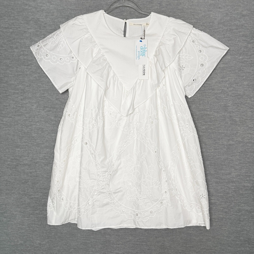 Ellison Dress Women's Size Medium Solid White Eyelet Ruffle Elsie New Bride Mini - Picture 2 of 9